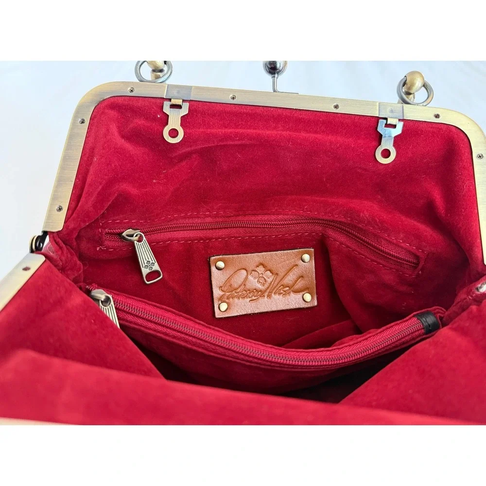 Patricia Nash Floral Leather Frame Satchel Kiss Lock Black Red Brass